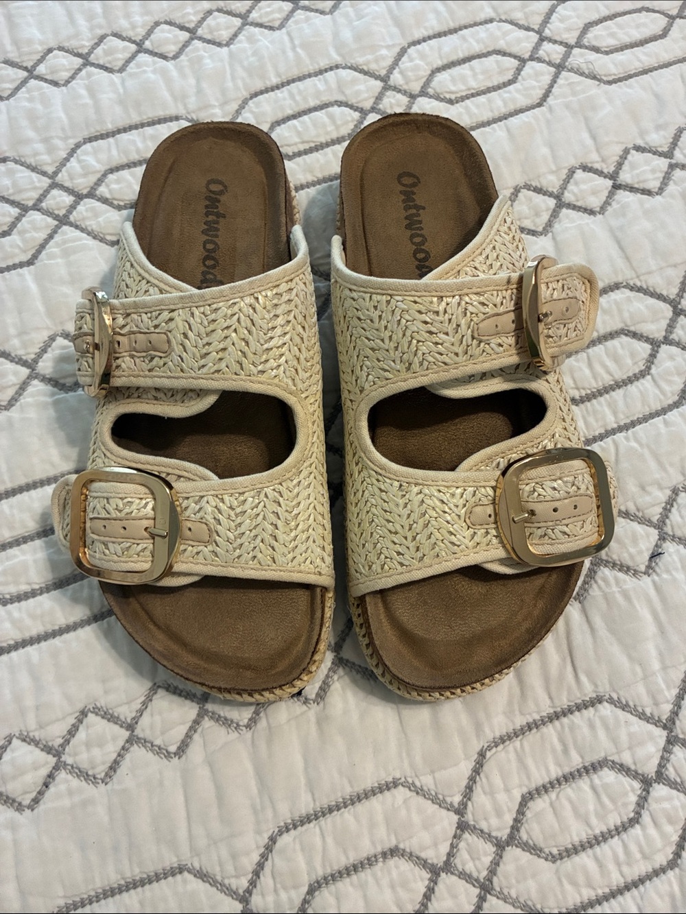 Outwoods Cream Woven Double-Buckle Slide Sandals with Gold Buckles